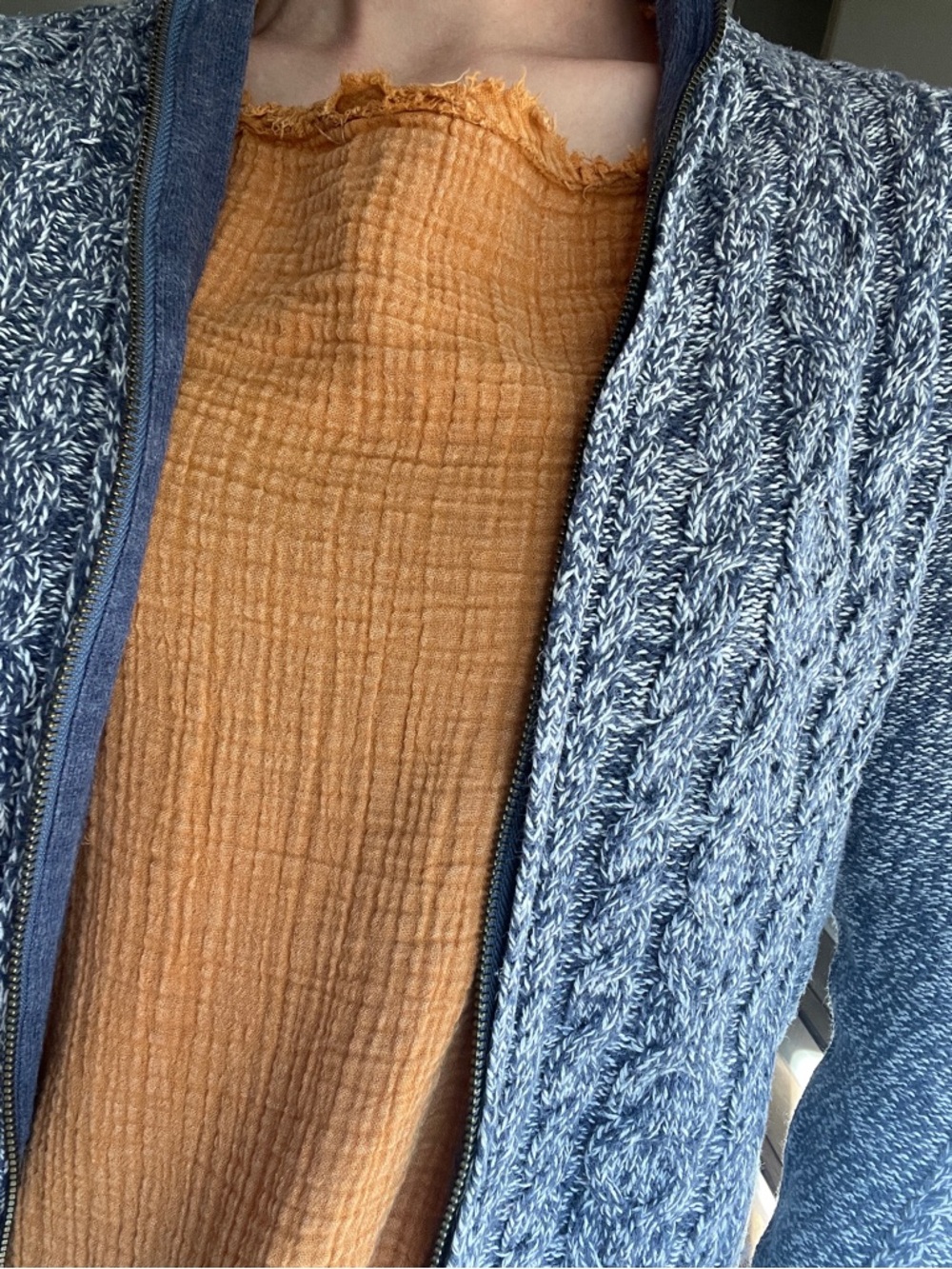 L.L.Bean Navy and White Marled Cable Knit Zip Sweater - 100% Cotton